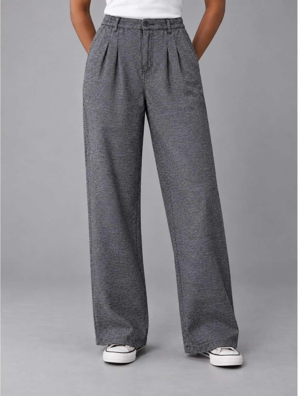 Aerie High Waisted Wide Leg Cotton Trouser Gray XS Regular Pleated Pants